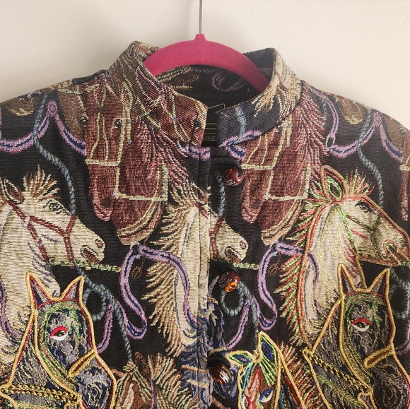 Vintage 90s Daniel K Embroidered Tapestry Horse Head Print Woven Blazer Jacket S - Picture 3 of 13